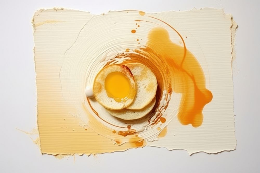 Abstract pancake with honey ripped paper egg painting circle.