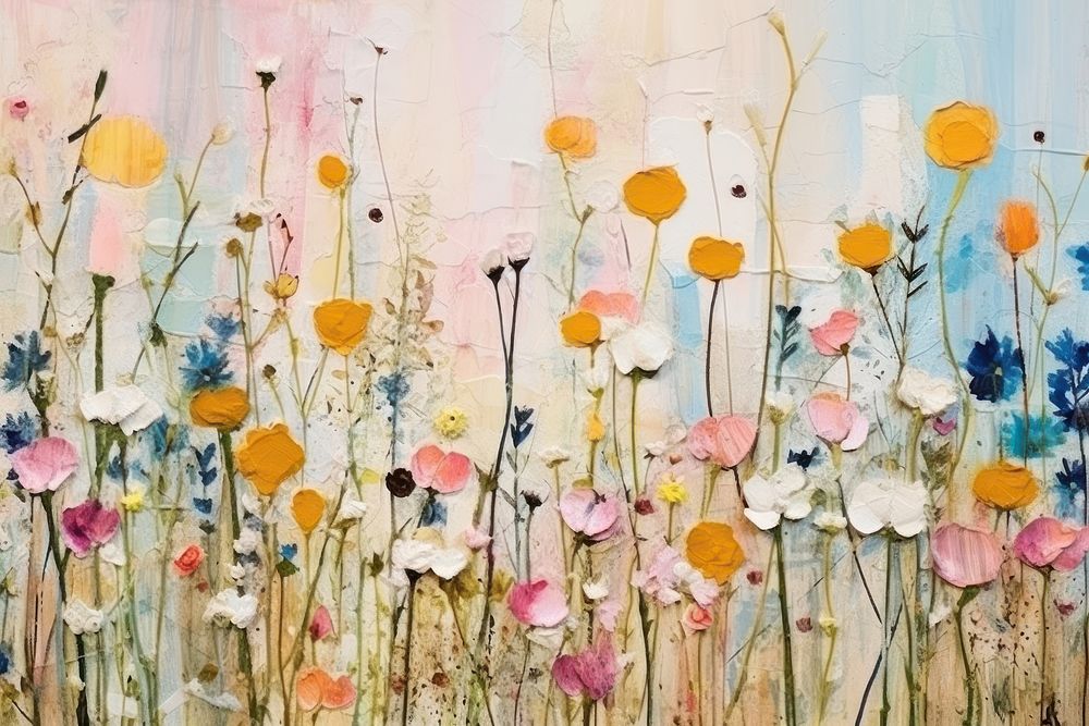 Abstract wildflowers on water ripped paper art painting plant.