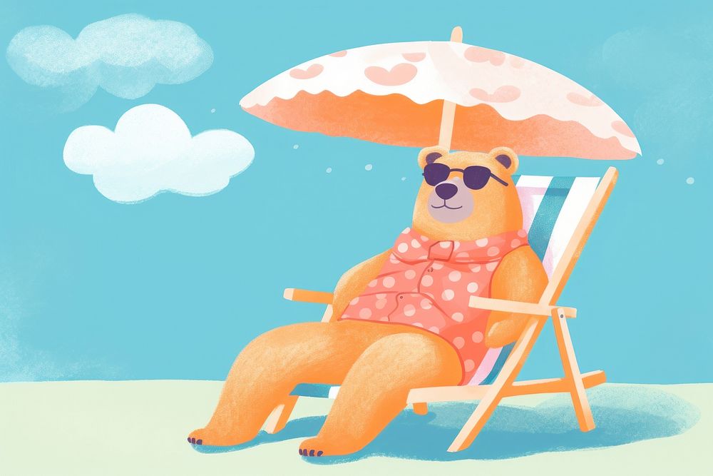 Risograph printing illustration minimal of a cute bear wearing summer costume chair sunglasses furniture.