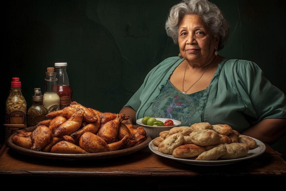 Cuban mature femal table food bread. AI generated Image by rawpixel.