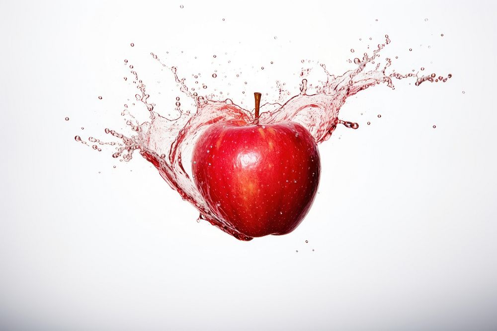 Apple floating with splash falling fruit plant.