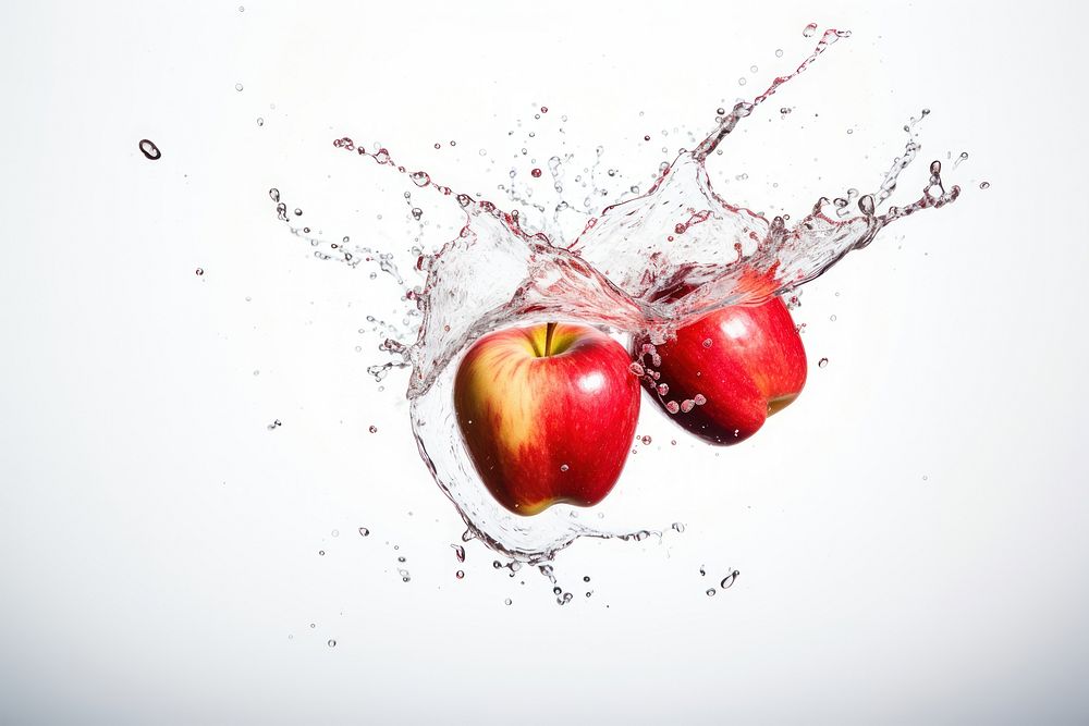 Apple floating with splash falling fruit plant.