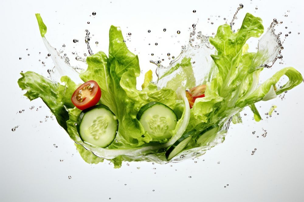 Fresh salad floating with splash vegetable lettuce plant.