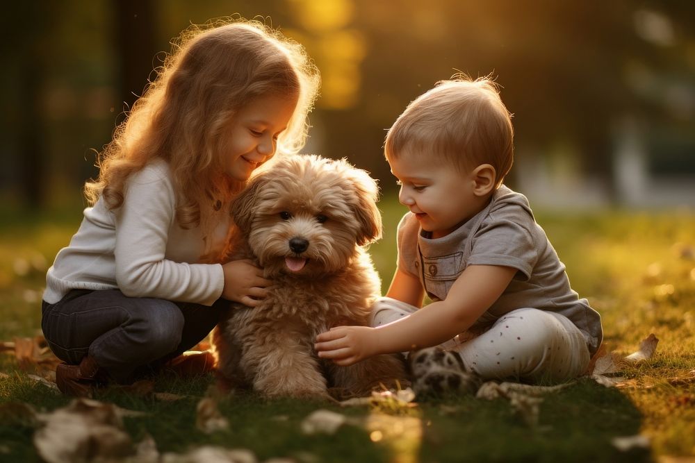 Kids playing with puppy mammal animal child. AI generated Image by rawpixel.
