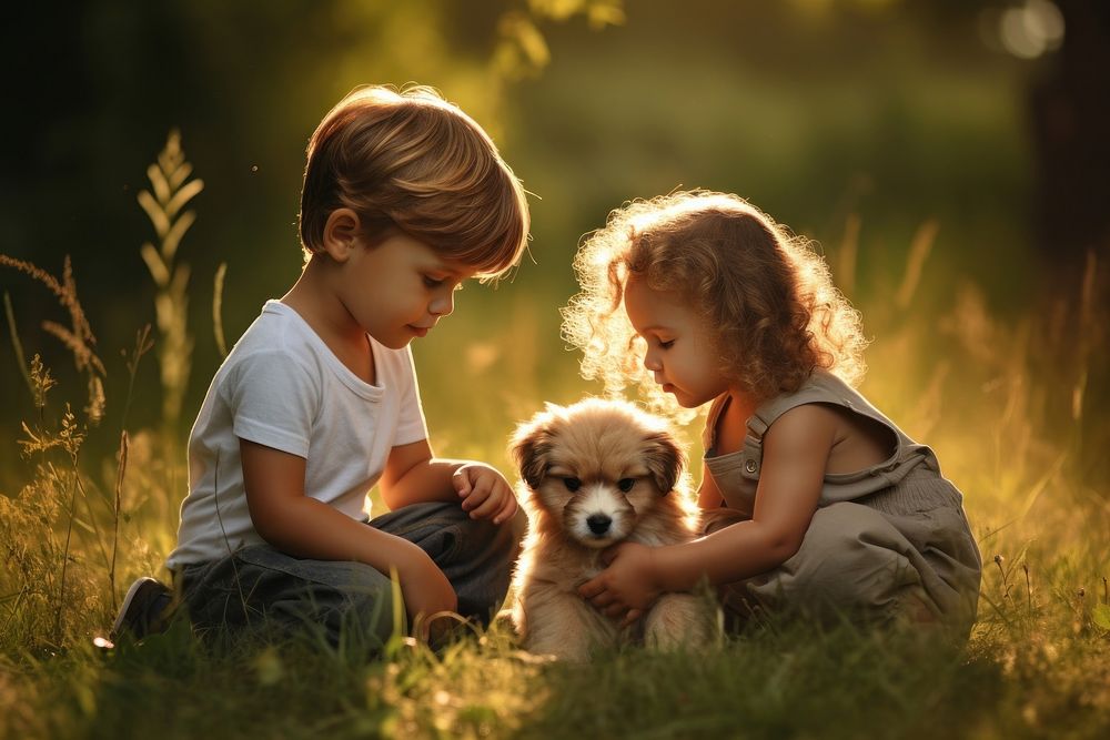 Kids playing with puppy portrait mammal animal. AI generated Image by rawpixel.