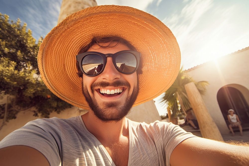 Happy tourist man sunglasses portrait laughing.