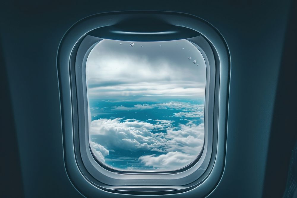 Large window see raining cloudscape airplane porthole transparent.