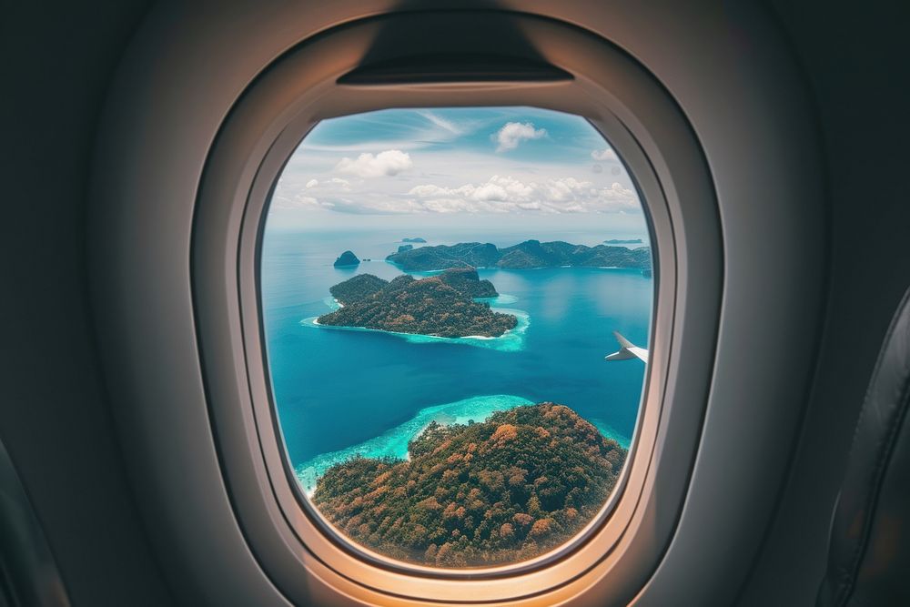 Large window see tropical islands airplane porthole outdoors.