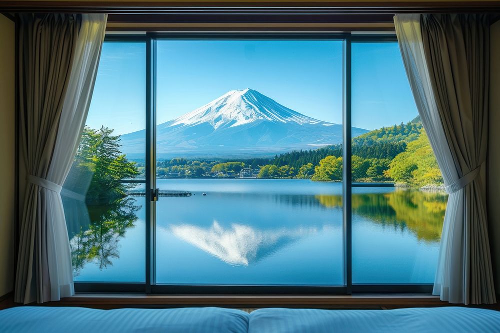 Stunning fuji landscape by lake window furniture outdoors.