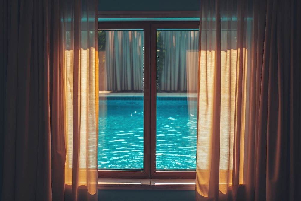 Window see swimming pool hotel room architecture.