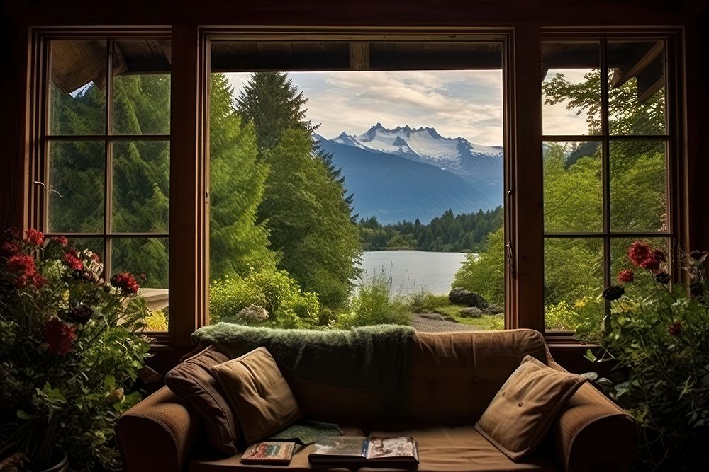 Window see mountain and lake room architecture furniture.
