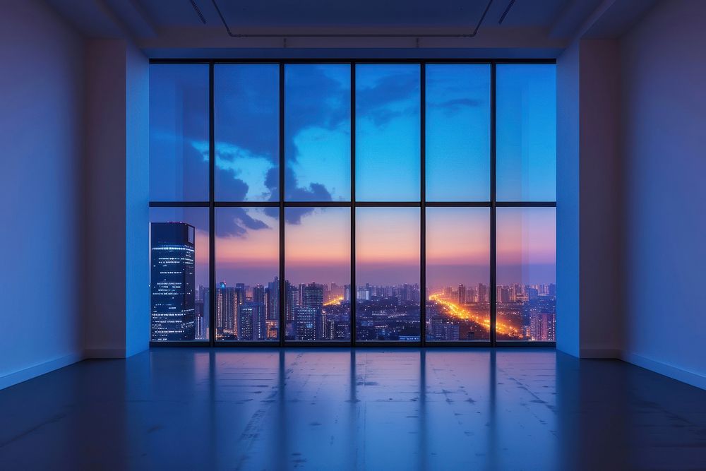 Large window see city in midnight architecture cityscape building.