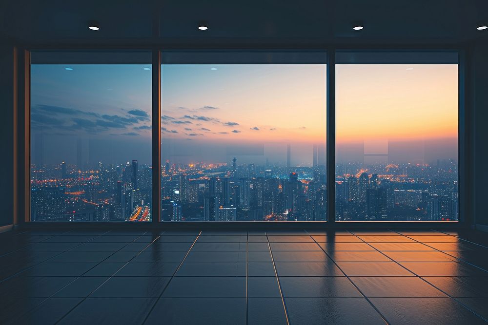 Large window see cityscape in evening architecture building illuminated.