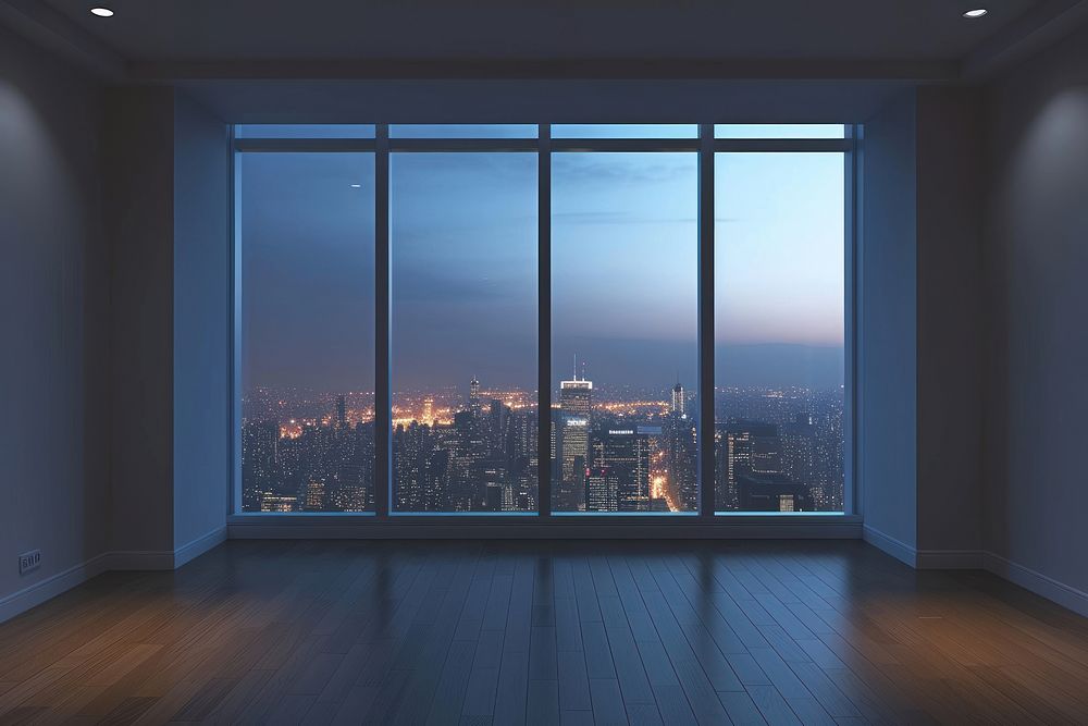 Large window see city in midnight architecture cityscape flooring.