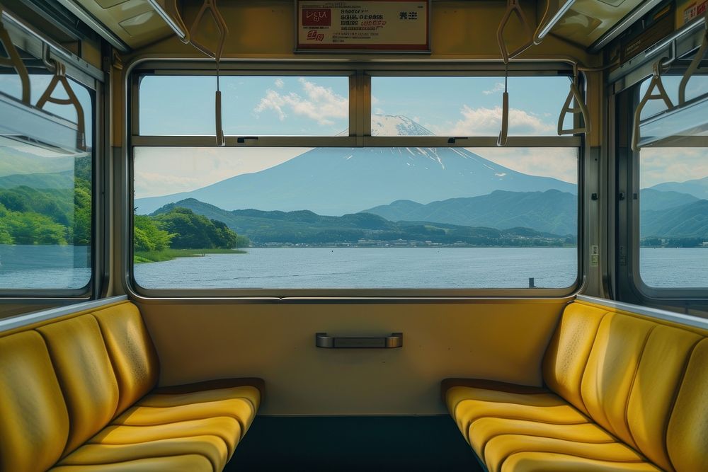 Stunning fuji landscape by lake vehicle window nature.