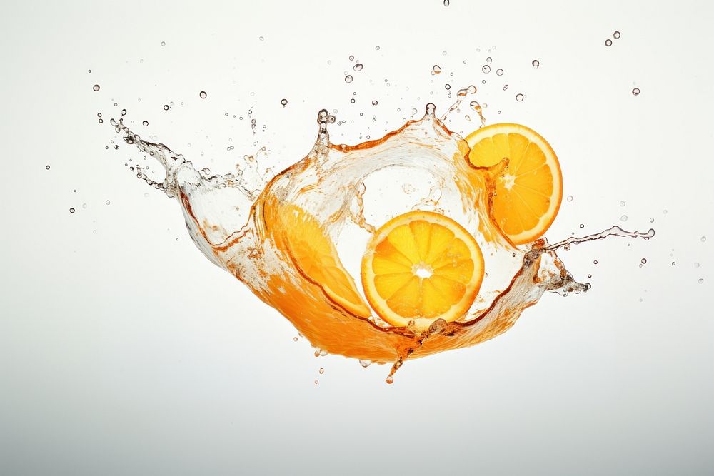 Orange cut in half floating grapefruit falling lemon.