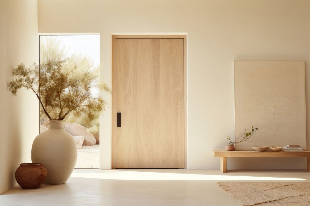 Minimal cream door home furniture wood architecture.