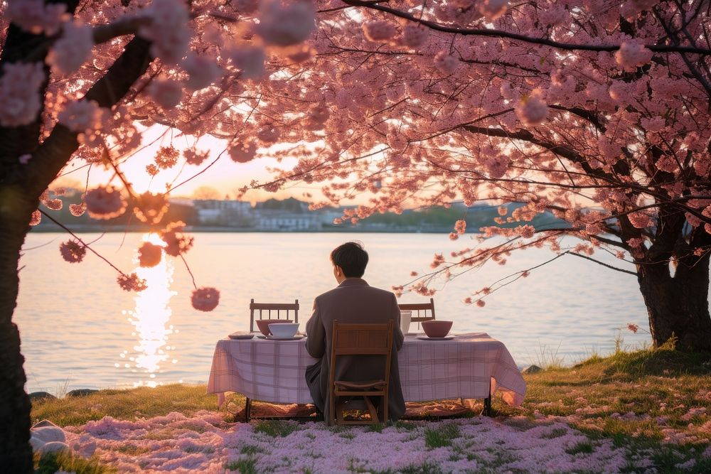 East Asian Sunset Picnic Under Cherry Blossoms blossom outdoors sitting. AI generated Image by rawpixel.