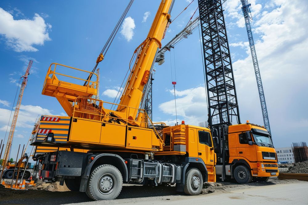 Mobile Crane on a road and tower crane construction vehicle construction site.