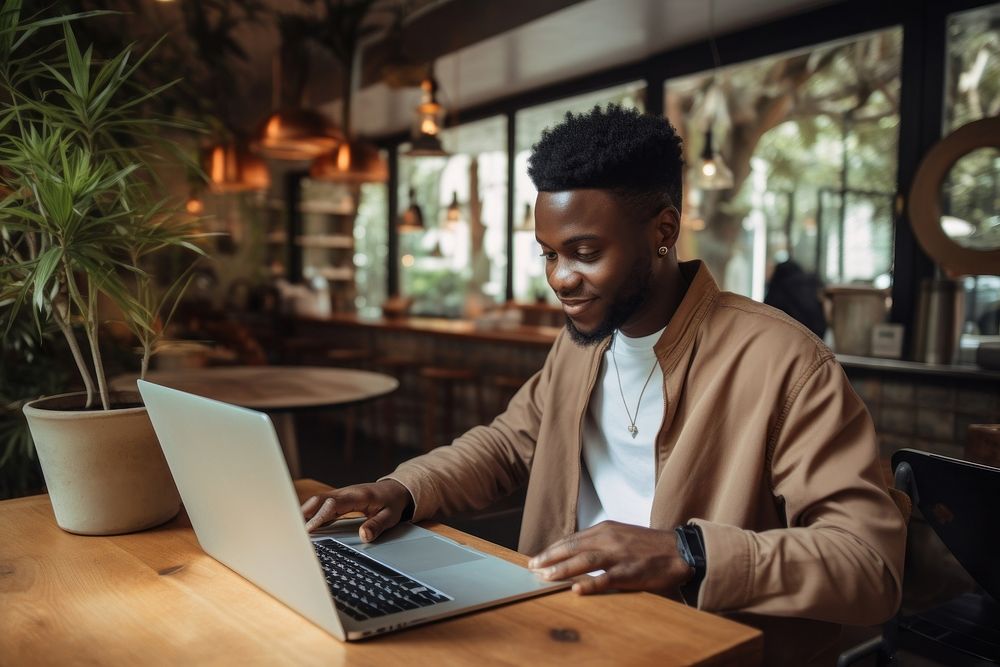 African man computer laptop coffee.