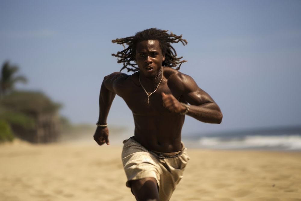 African man running beach adult.