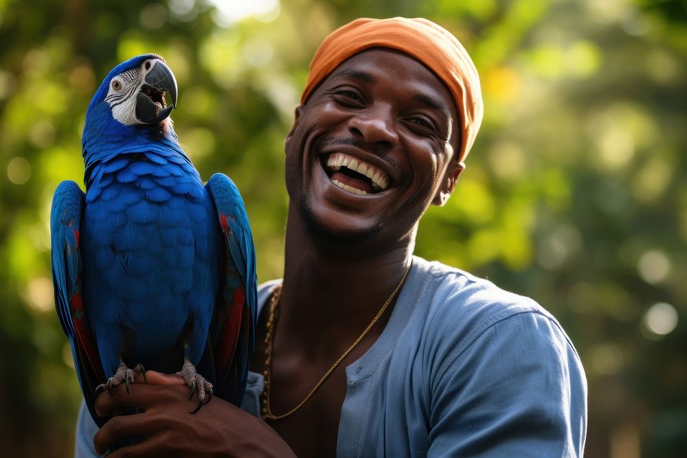 Happy African men animal parrot smile.