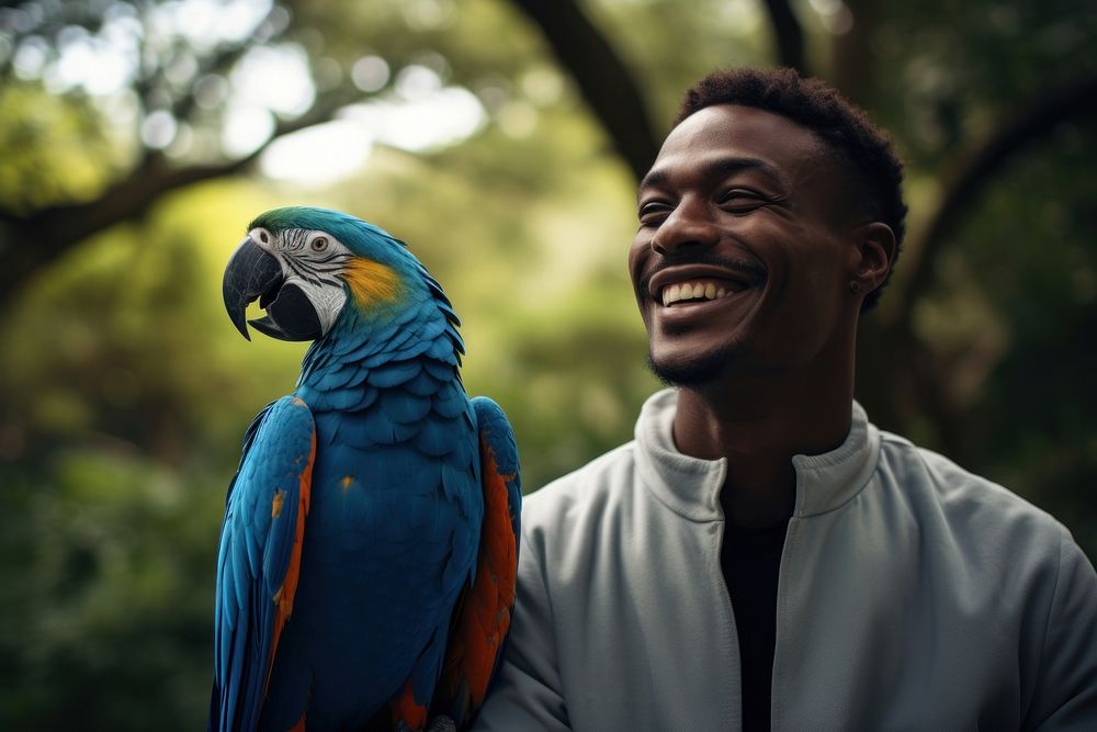 Happy African men parrot portrait animal.