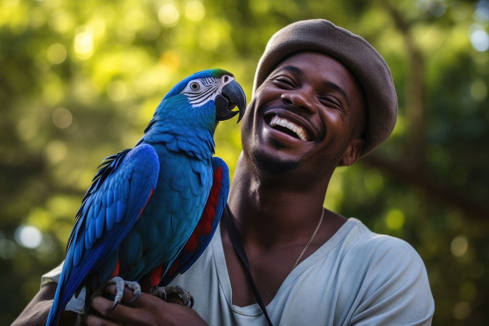 Happy African men parrot animal adult.