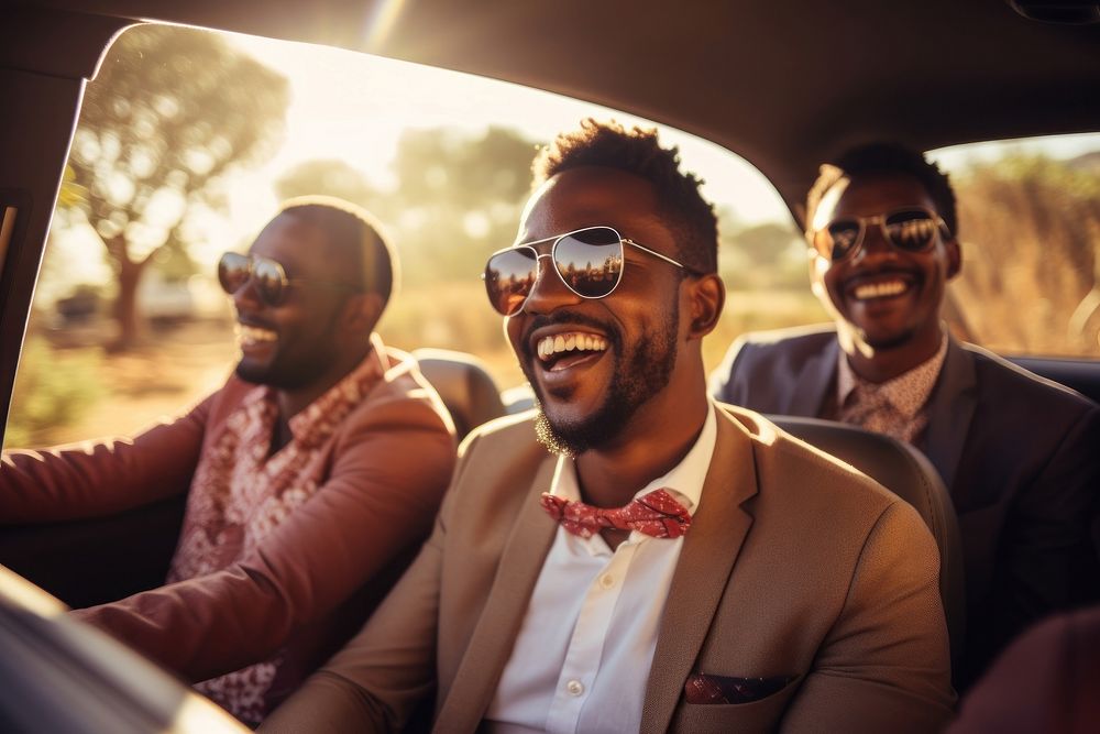Happy African men laughing glasses travel.