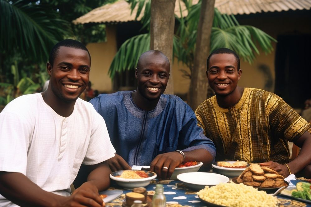 Happy African men restaurant portrait adult.