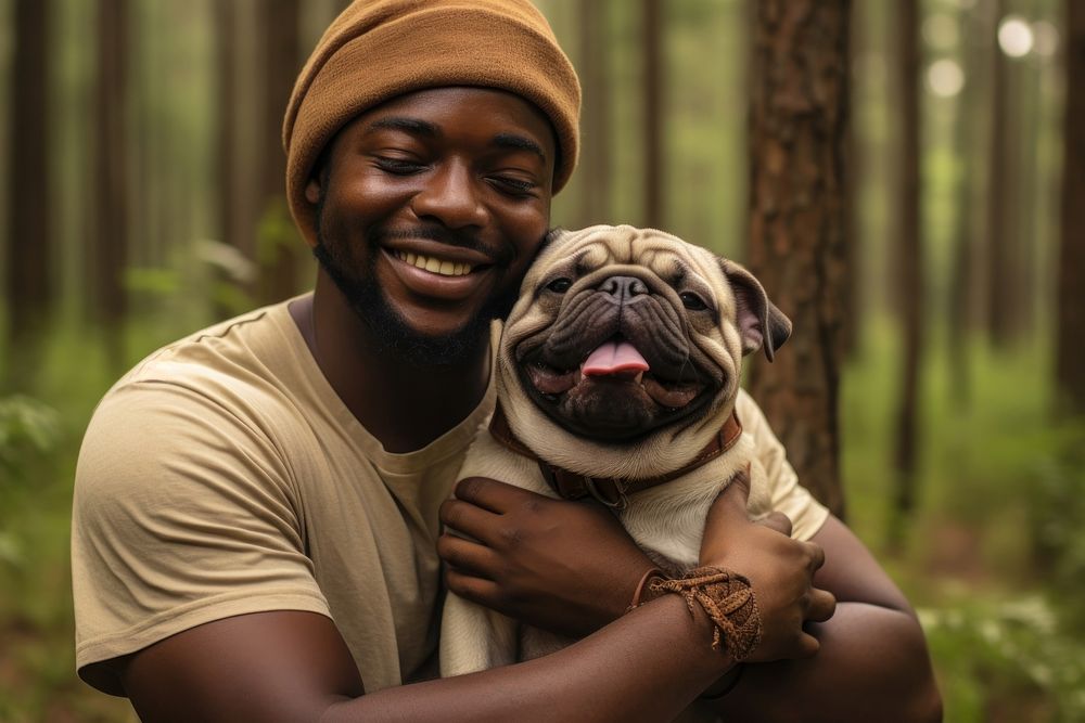 Happy African men puppy pug portrait.