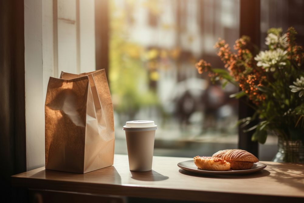 Food delivery pack window coffee bread. AI generated Image by rawpixel.