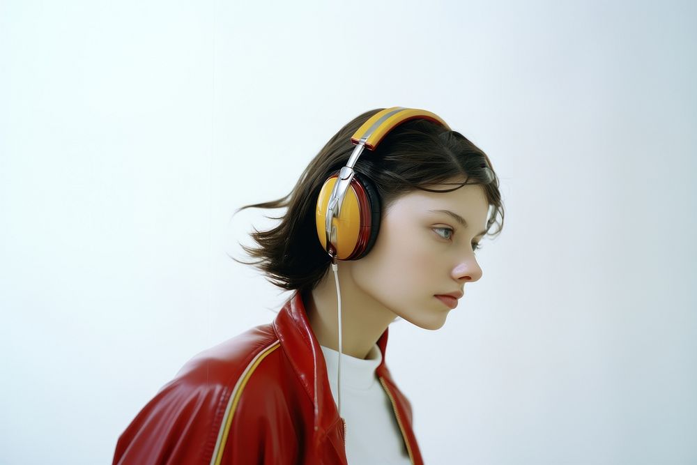 Woman wearing headphone listening to music headphones photography portrait.