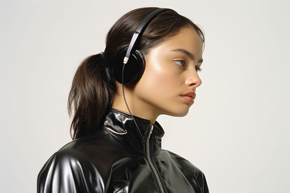 Woman wearing headphone listening to music headphones headset fashion.