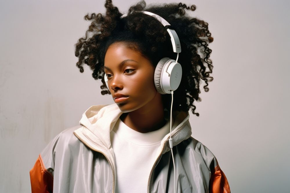 African-American woman wearing headphone listening to music headphones headset electronics.