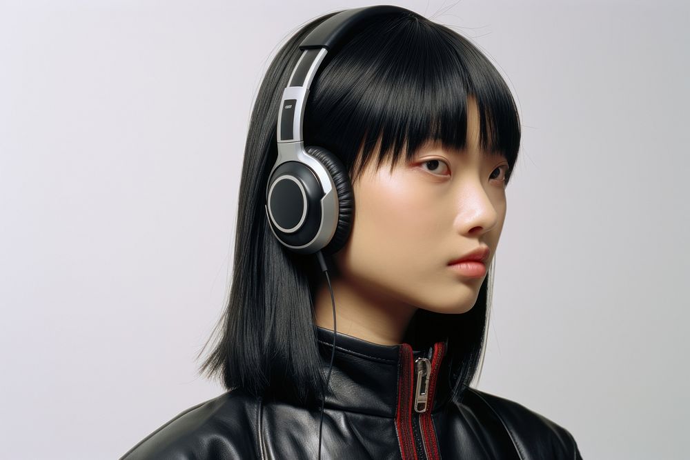 Asian woman wearing headphone listening to music headphones photography portrait.