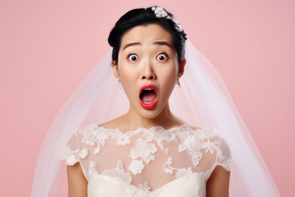 Chinese Bride surprised face portrait photography fashion.