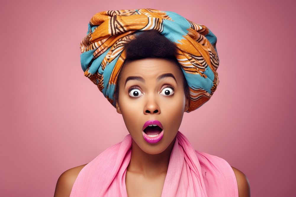 African woman surprised face portrait photography turban.