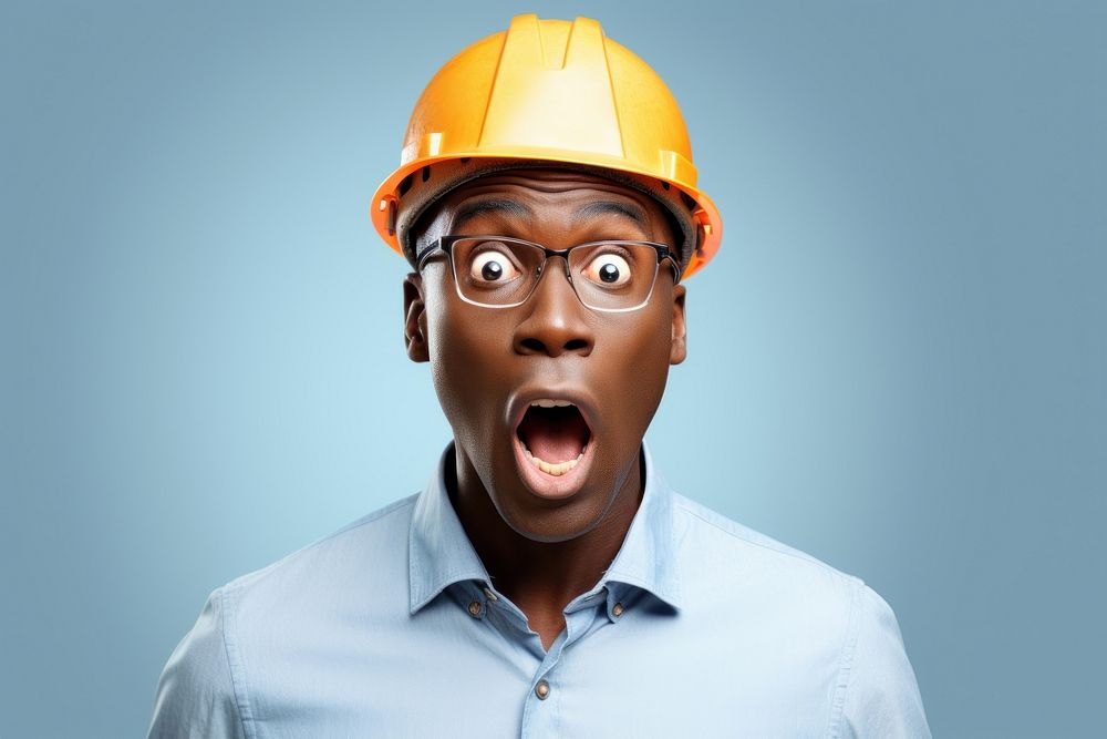 African engineer surprised face portrait photography hardhat.