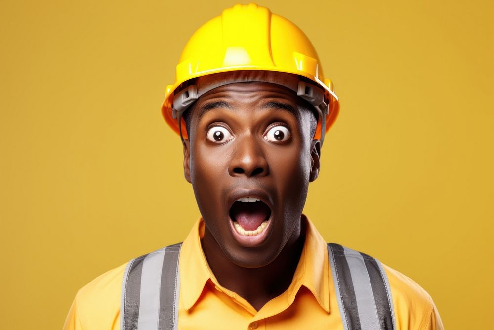 African engineer surprised face portrait photography hardhat.