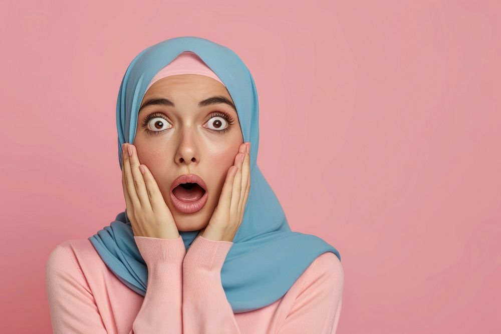Arab woman surprised face portrait adult headscarf.