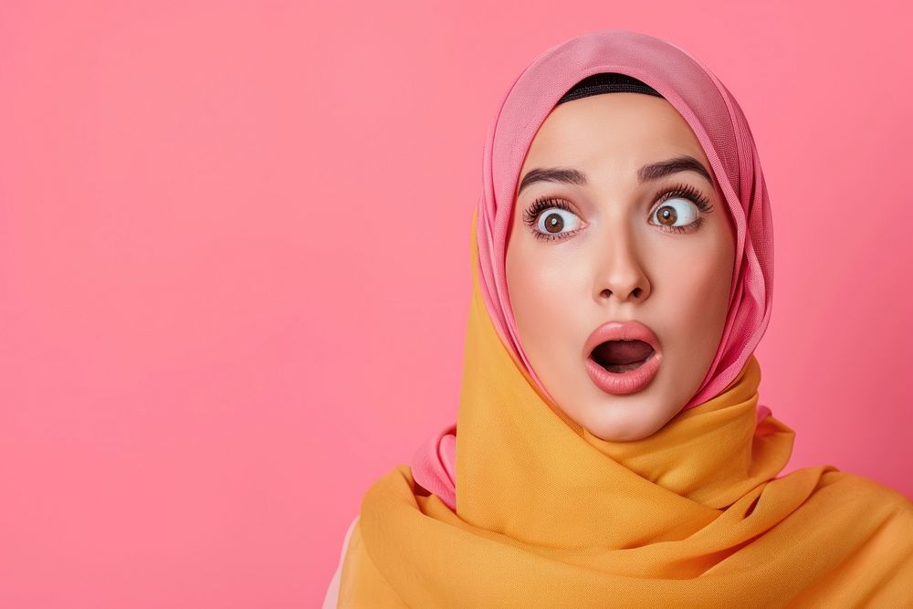 Arab woman surprised face portrait adult headscarf.