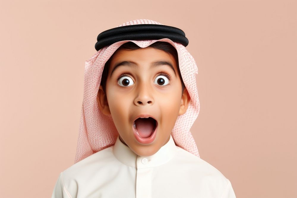 Arab kids surprised face portrait photography happiness.