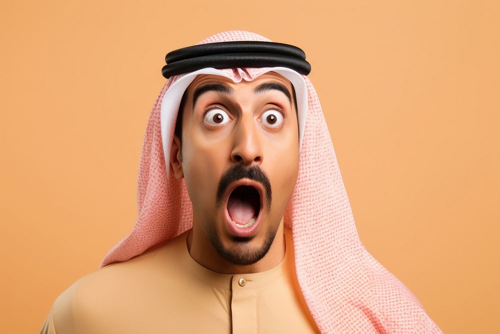 Arab man surprised face portrait adult moustache.