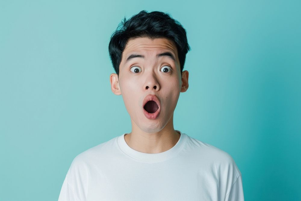Asian man surprised face portrait t-shirt adult.
