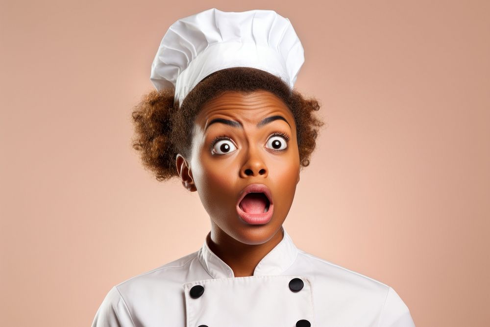 Black woman chef suprised face portrait photography surprised.