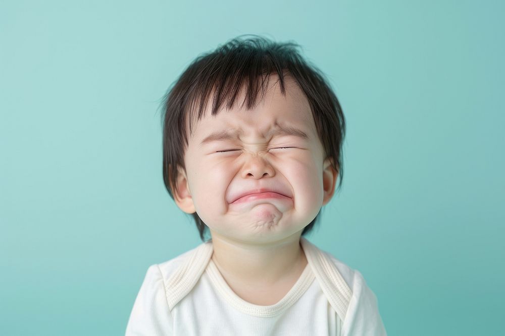Japnese kids crying face portrait pain baby.