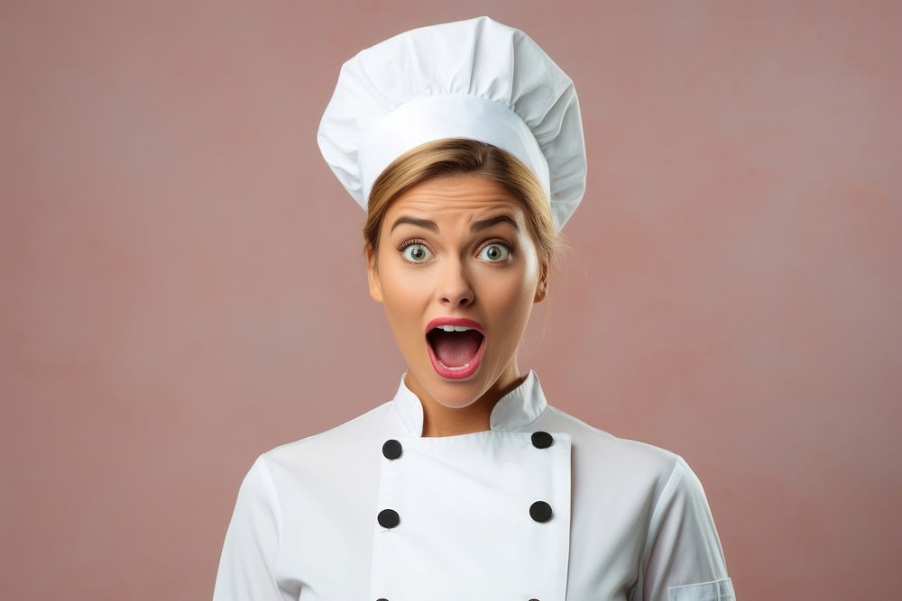 Woman chef suprised face portrait adult protection.