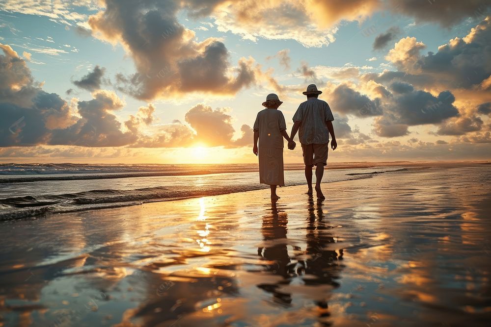 Old retired couple walking outdoors sunset nature. AI generated Image by rawpixel.