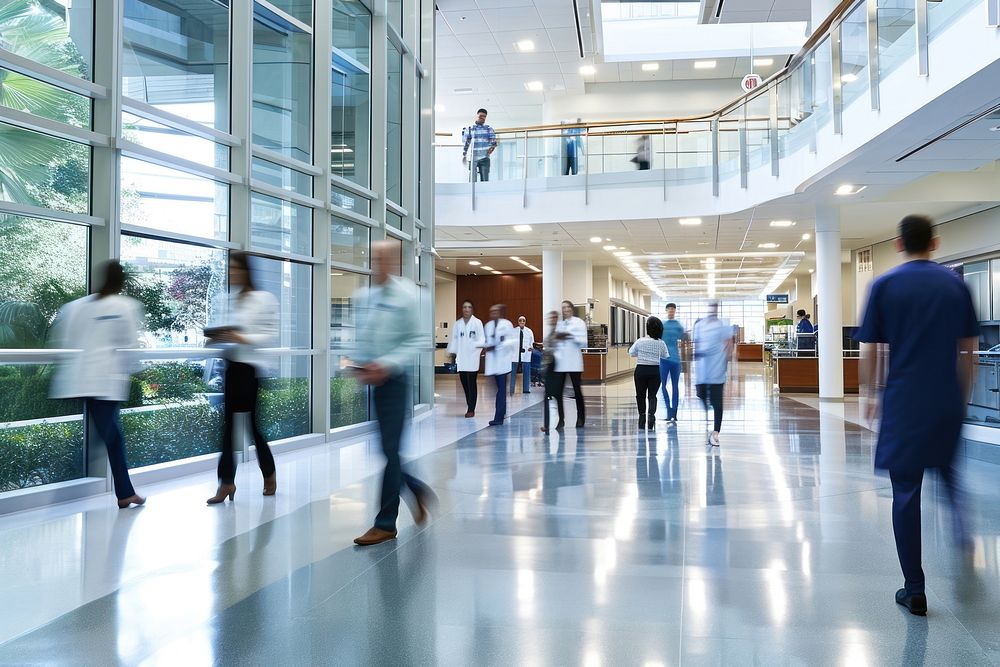 Staff In Busy Lobby Area Of Modern Hospital walking adult headquarters. AI generated Image by rawpixel.